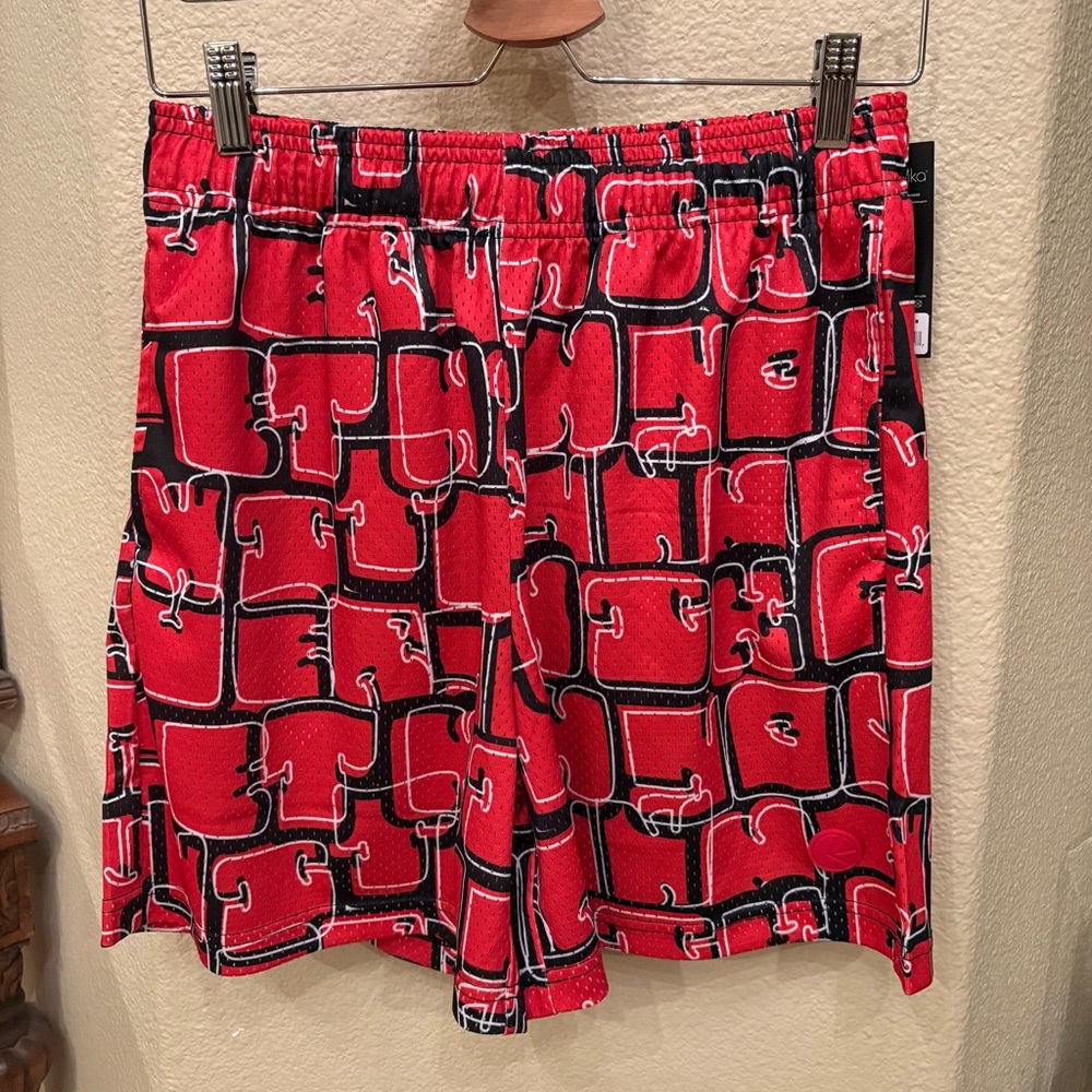 NWT~ETHIKA Red Black Off Set Scribble Design Basketball Shorts Size Medium
